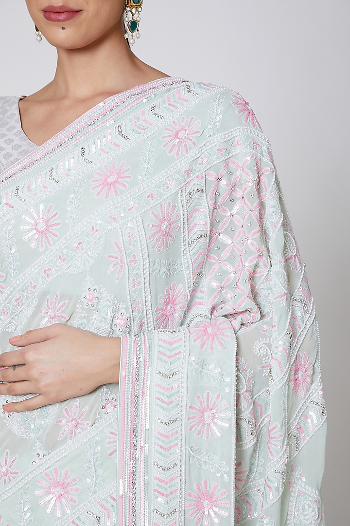 Mint Green Chikankari Embroidered Bridal Saree Set by Anshikaa Jain at Pernia's Pop Up Shop
