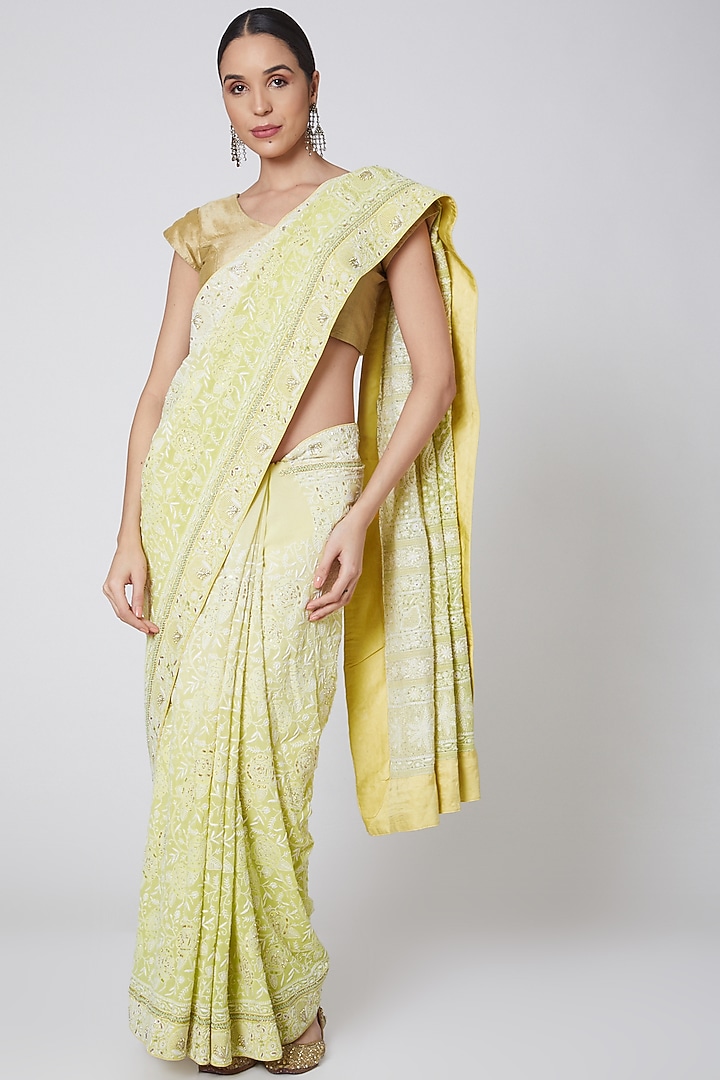 Yellow Chikankari Embroidered Bridal Saree Set by Anshikaa Jain at Pernia's Pop Up Shop