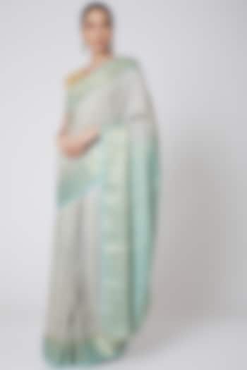 Turquoise & Grey Embroidered Saree Set by Anshikaa Jain