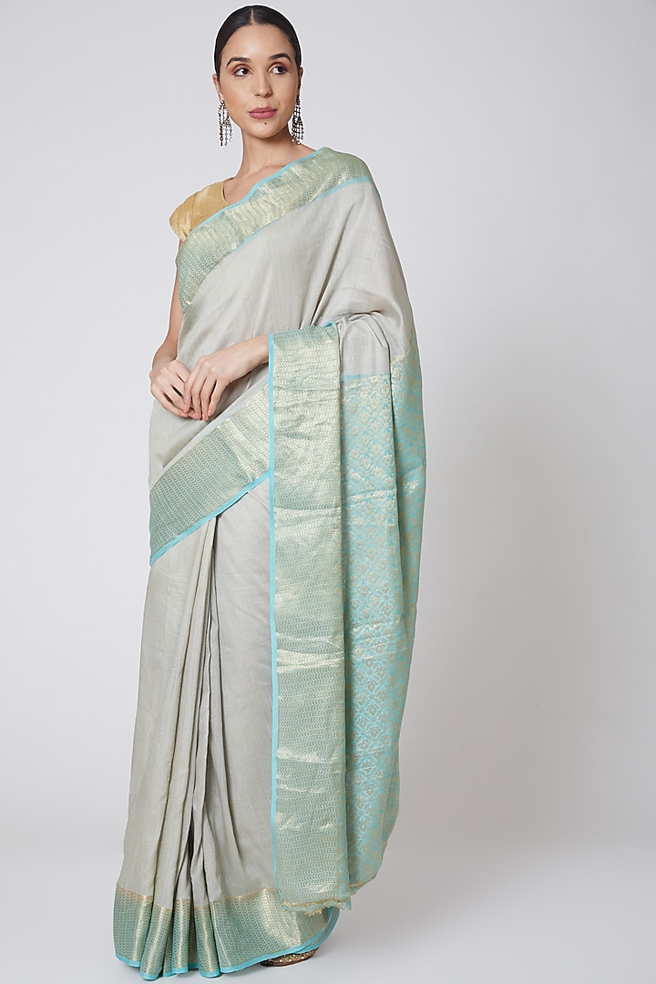 Turquoise & Grey Embroidered Saree Set by Anshikaa Jain