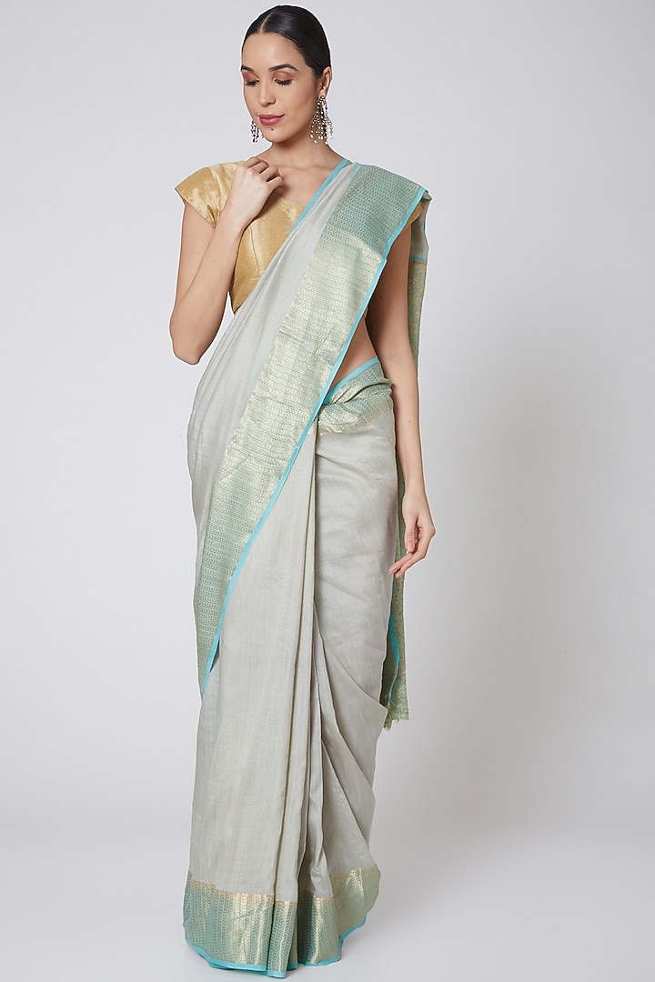 Turquoise & Grey Embroidered Wedding Saree Set by Anshikaa Jain at Pernia's Pop Up Shop
