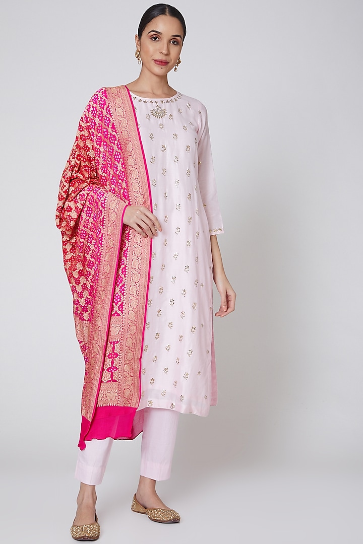 Blush Pink & Hot Pink Embroidered Kurta Set by Anshikaa Jain