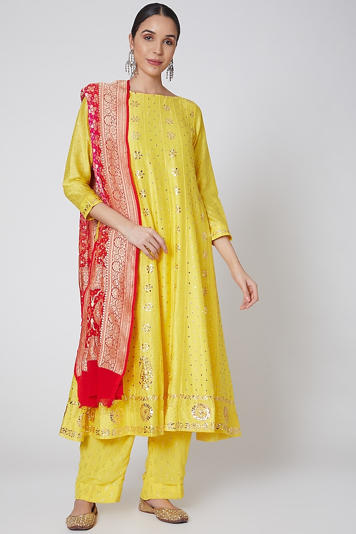 Yellow Embroidered Anarkali Set by Anshikaa Jain