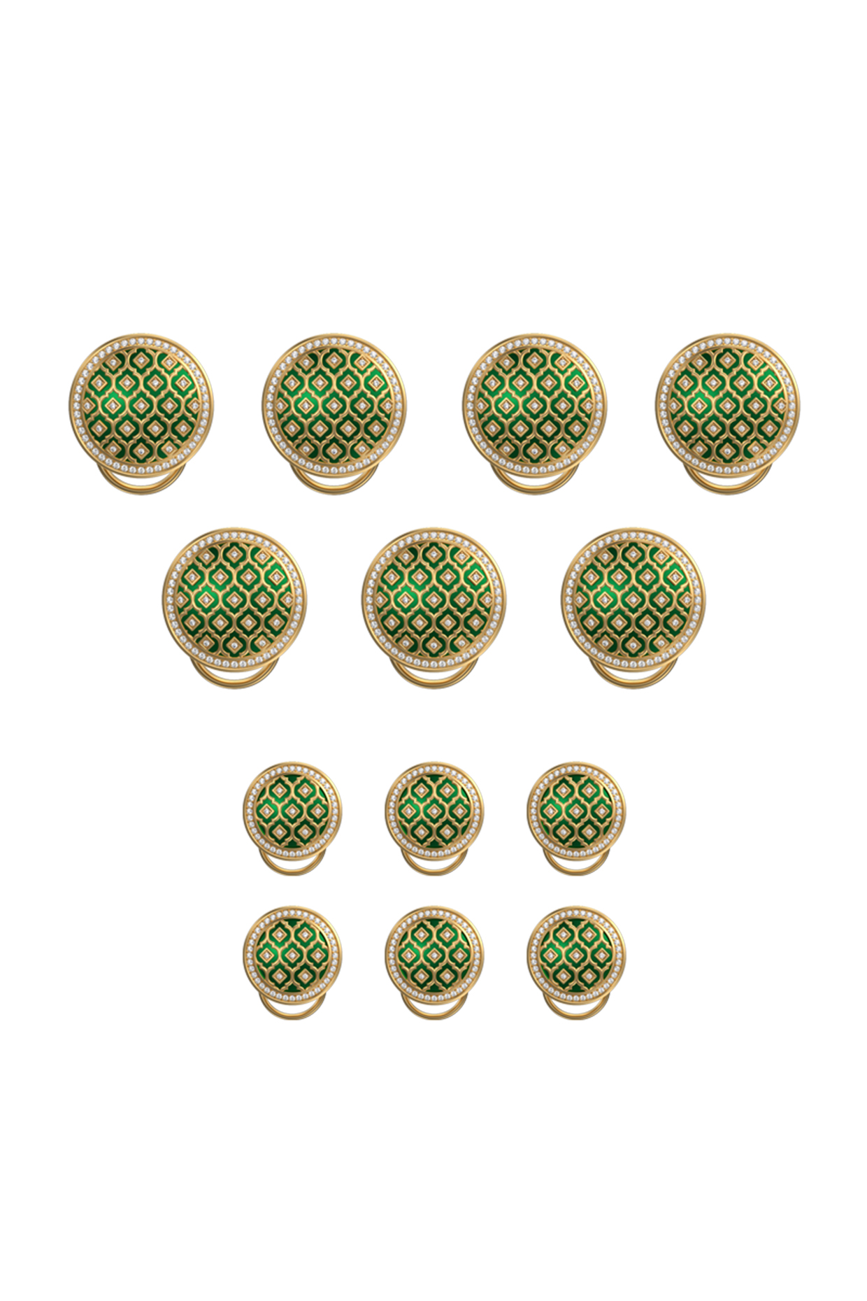 Gold Plated Green CZ Diamonds Handcrafted Enameled Buttons (Set of 13) by AJAH at Pernia's Pop Up Shop