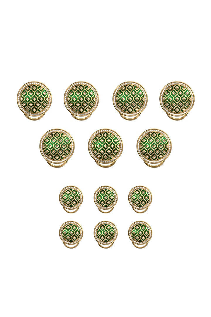 Gold Plated Green CZ Diamonds Handcrafted Enameled Buttons (Set of 13) by AJAH at Pernia's Pop Up Shop