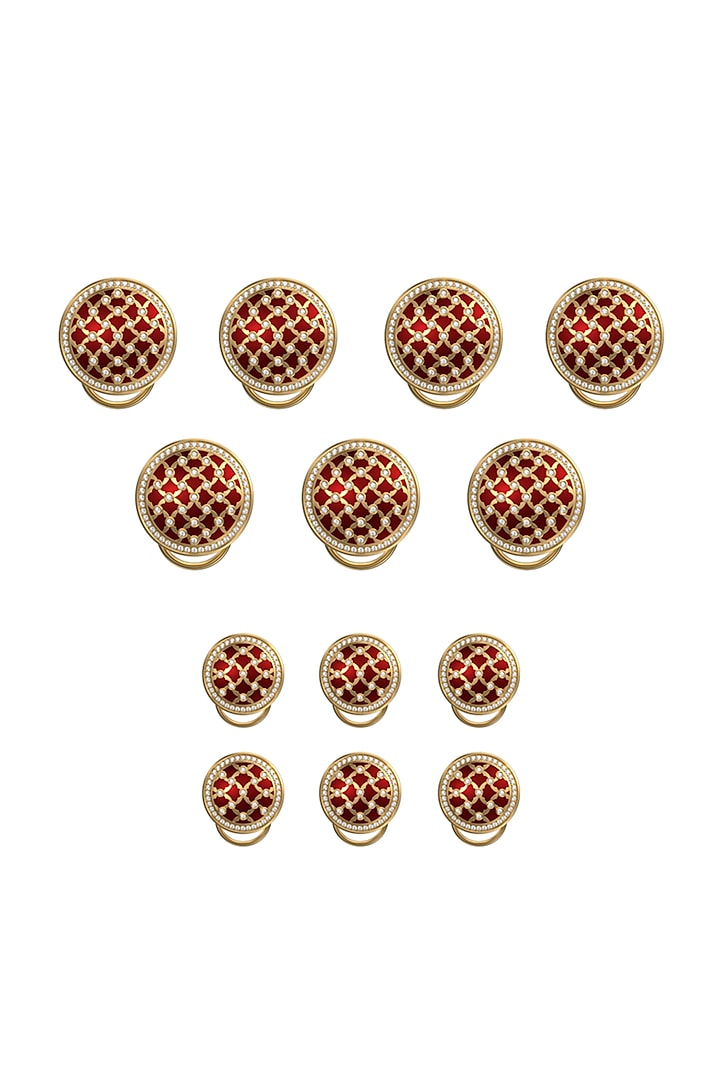 Gold Plated Red CZ Diamonds Handcrafted Enameled Buttons (Set of 13) by AJAH
