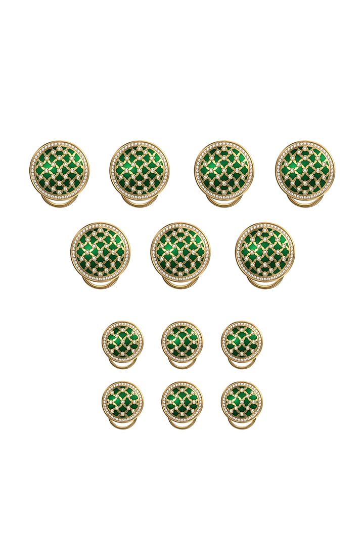Gold Plated Green CZ Diamonds Handcrafted Enameled Buttons (Set of 13) by AJAH