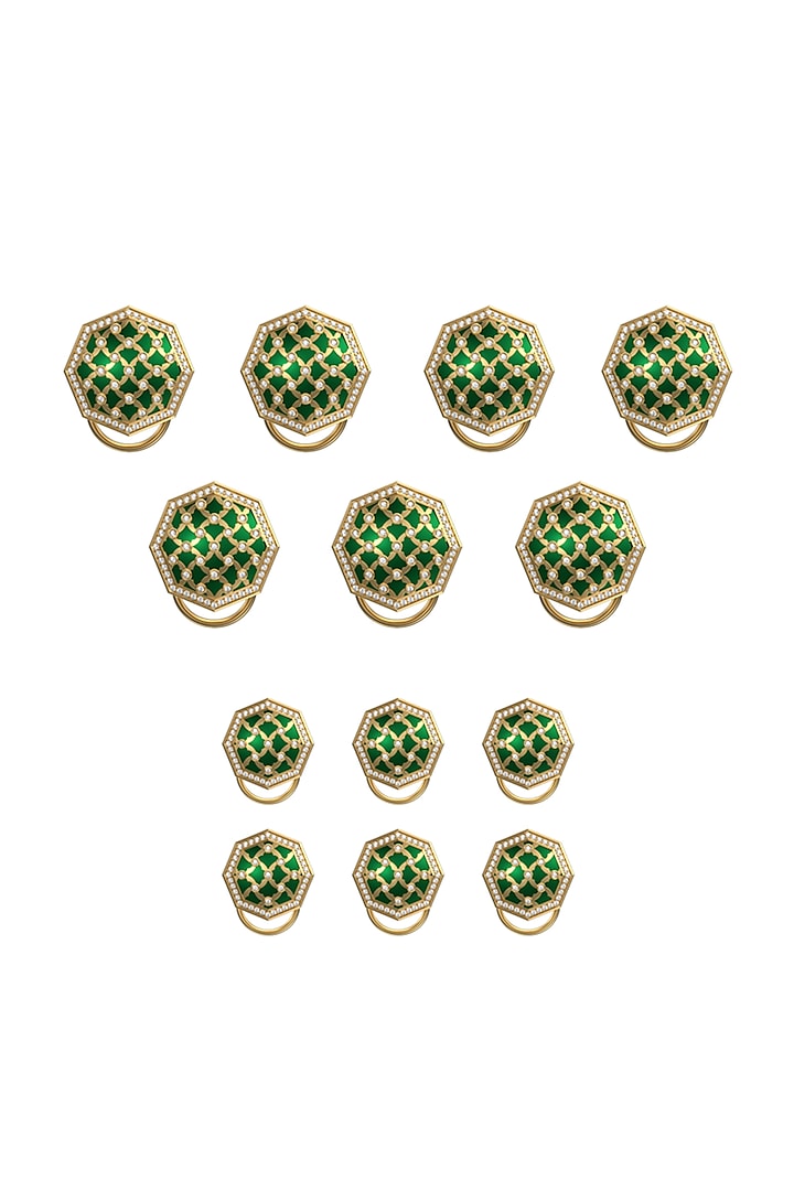 Gold Plated Green CZ Diamonds Handcrafted Enameled Buttons (Set of 13) by AJAH