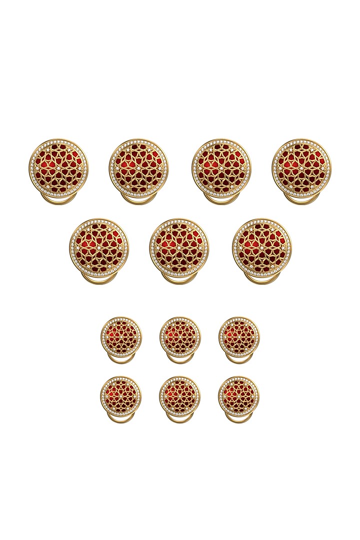 Gold Plated Red CZ Diamonds Handcrafted Enameled Buttons (Set of 13) by AJAH