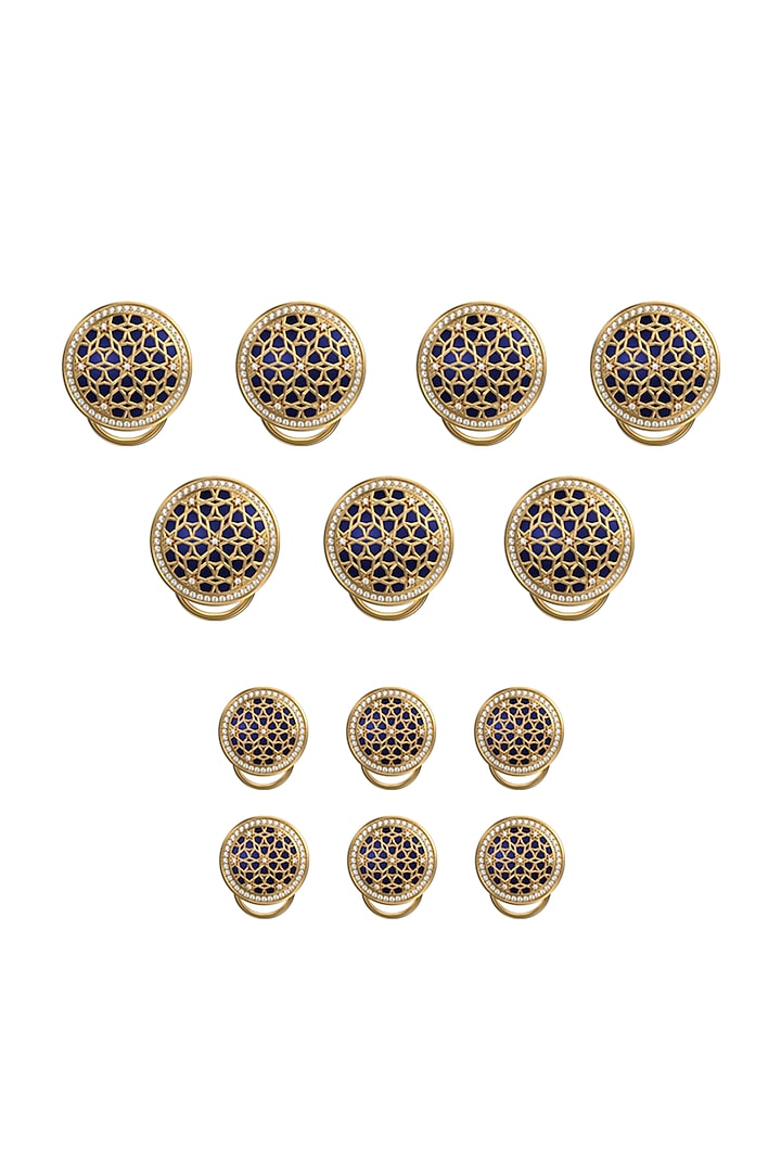 Gold Plated Blue CZ Diamonds Handcrafted Enameled Buttons (Set of 13) by AJAH