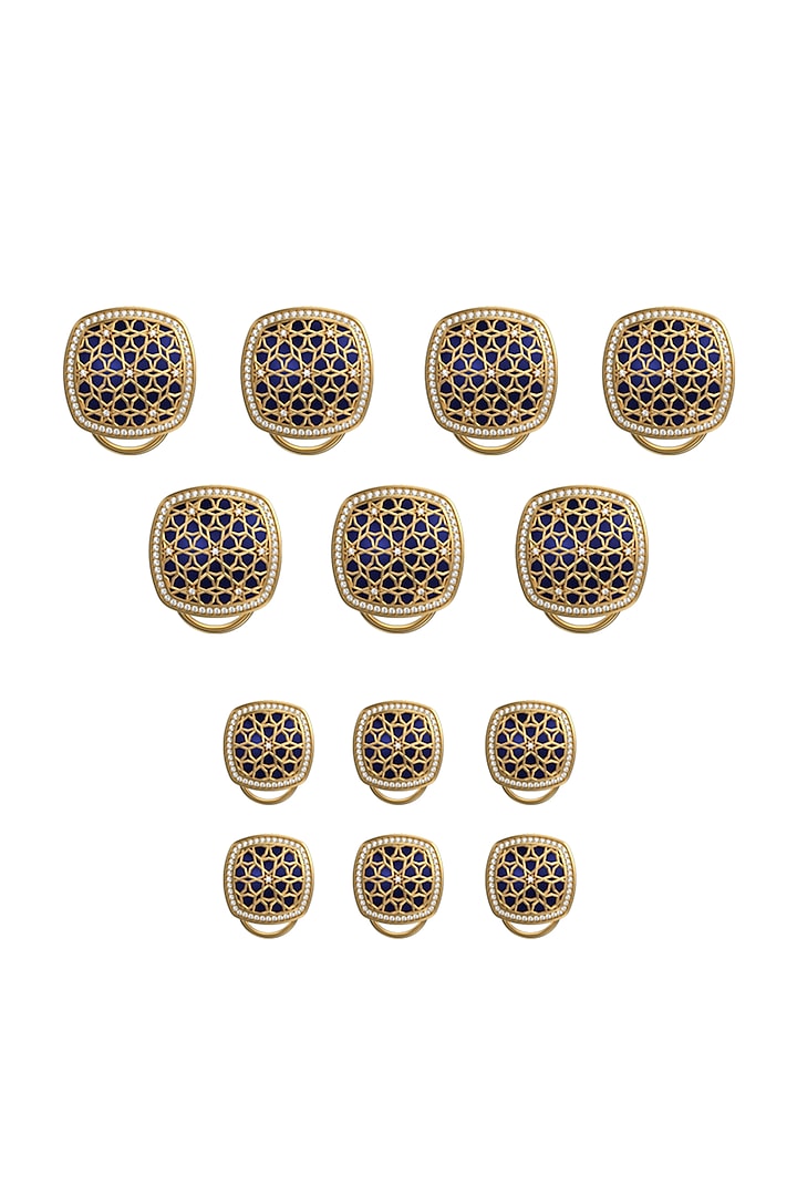 Gold Plated Blue CZ Diamonds Handcrafted Enameled Buttons (Set of 13) by AJAH