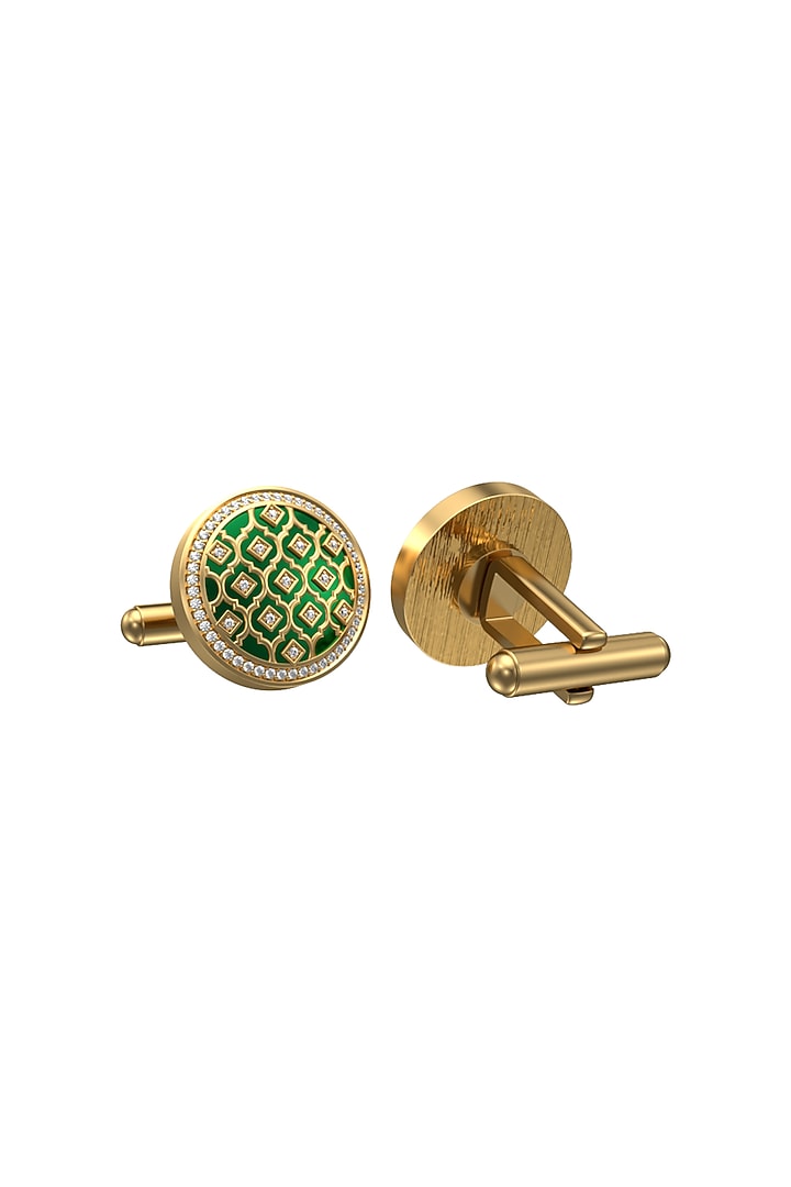 Gold Plated Green CZ Diamonds Handcrafted Enameled Cufflinks by AJAH at Pernia's Pop Up Shop