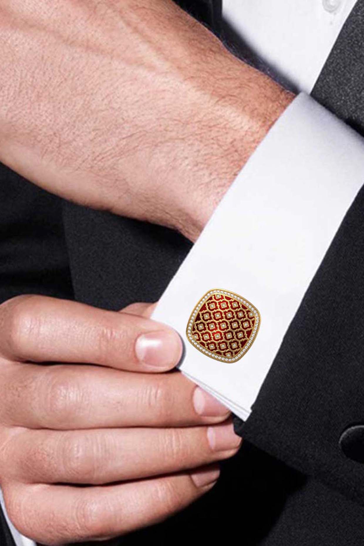 Gold Plated Red CZ Diamonds Handcrafted Enameled Cufflinks by AJAH at Pernia's Pop Up Shop