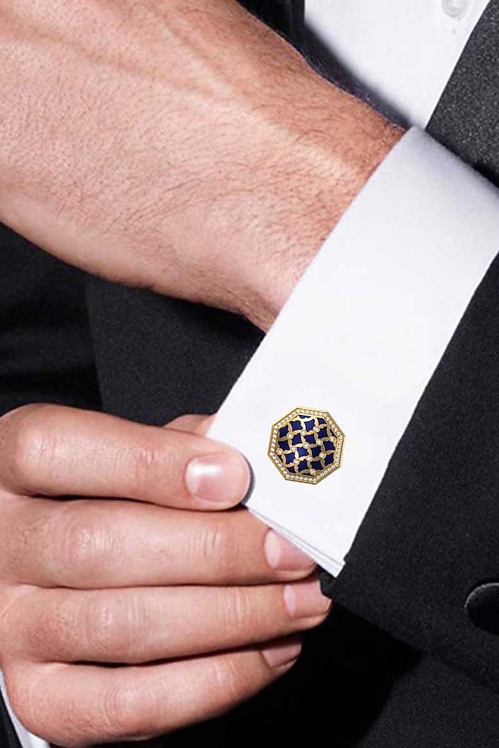 Gold Plated Blue CZ Diamonds Handcrafted Enameled Cufflinks by AJAH at Pernia's Pop Up Shop