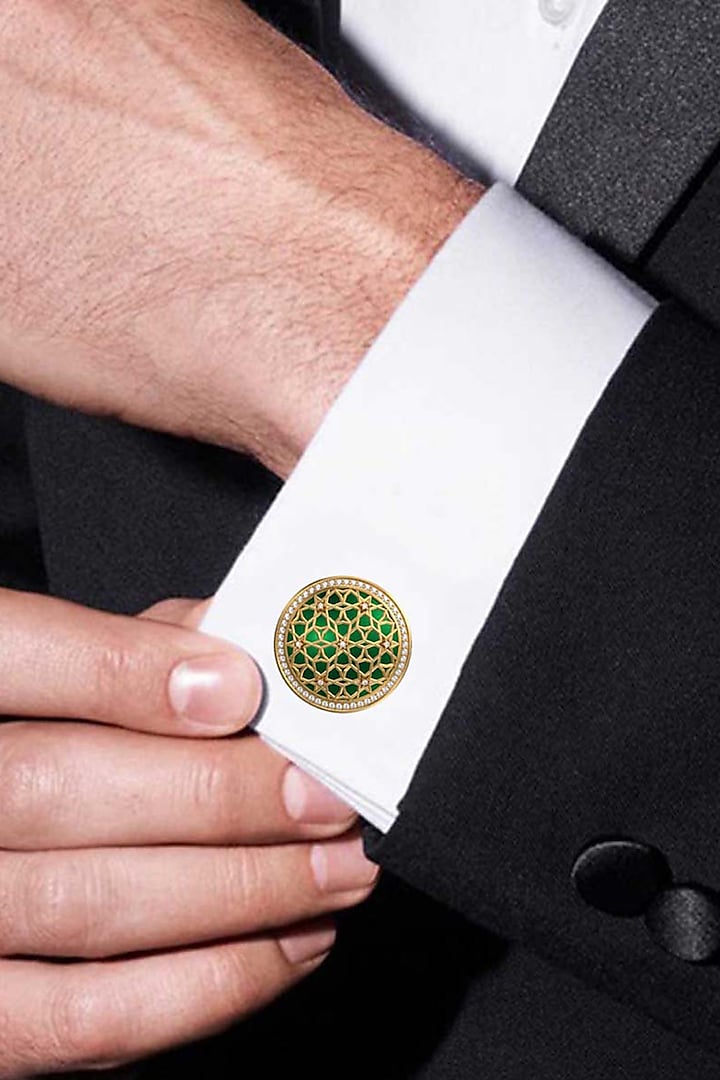 Gold Plated Green CZ Diamonds Handcrafted Enameled Cufflinks by AJAH