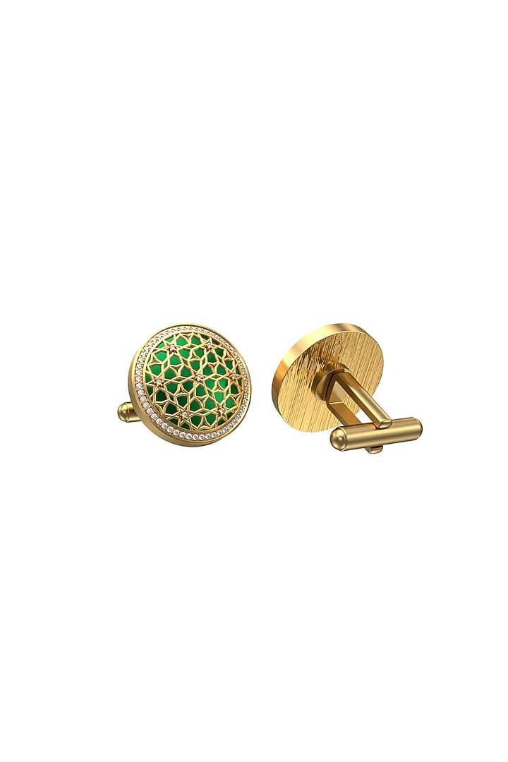 Gold Plated Green CZ Diamonds Handcrafted Enameled Cufflinks by AJAH at Pernia's Pop Up Shop