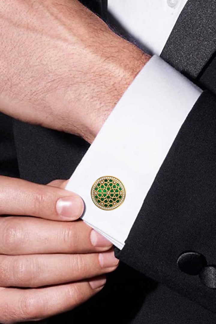 Gold Plated Green CZ Diamonds Handcrafted Enameled Cufflinks by AJAH