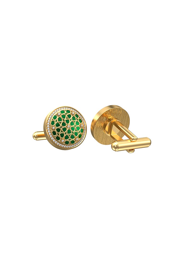 Gold Plated Green CZ Diamonds Handcrafted Enameled Cufflinks by AJAH at Pernia's Pop Up Shop