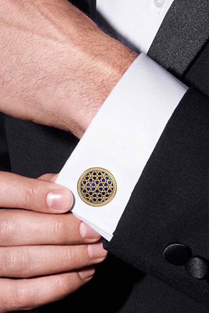 Gold Plated Blue CZ Diamonds Handcrafted Enameled Cufflinks by AJAH