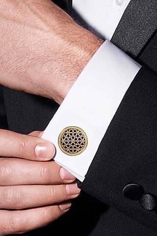 Gold Plated Blue CZ Diamonds Handcrafted Enameled Cufflinks by AJAH