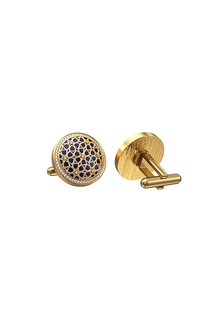 Gold Plated Blue CZ Diamonds Handcrafted Enameled Cufflinks by AJAH at Pernia's Pop Up Shop