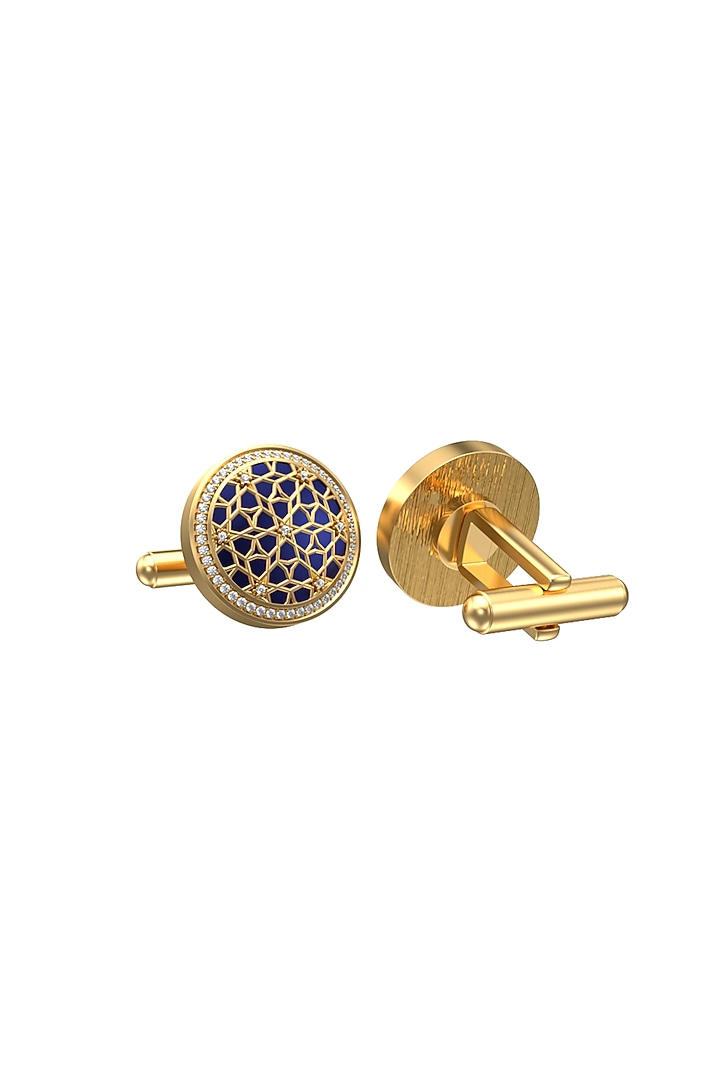 Gold Plated Blue CZ Diamonds Handcrafted Enameled Cufflinks by AJAH at Pernia's Pop Up Shop