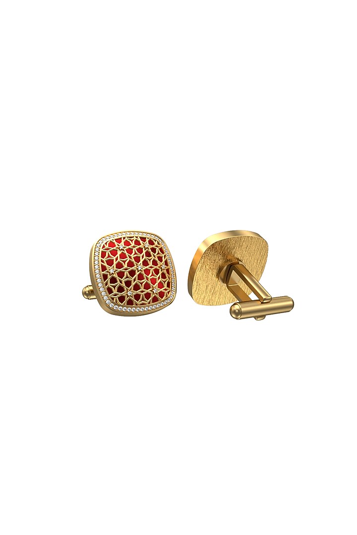 Gold Plated Red CZ Diamonds Handcrafted Enameled Cufflinks by AJAH at Pernia's Pop Up Shop