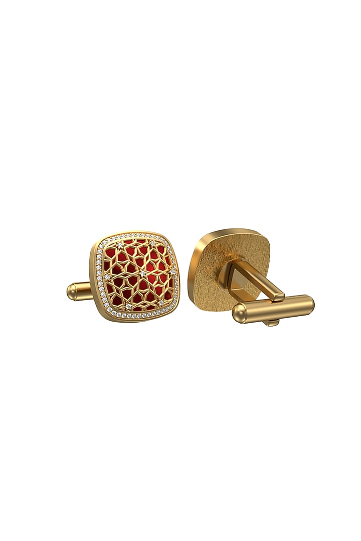 Gold Plated Red CZ Diamonds Handcrafted Enameled Cufflinks by AJAH at Pernia's Pop Up Shop