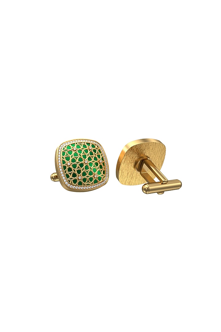 Gold Plated Green CZ Diamonds Handcrafted Enameled Cufflinks by AJAH at Pernia's Pop Up Shop