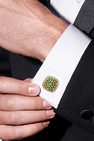 Gold Plated Green CZ Diamonds Handcrafted Enameled Cufflinks by AJAH