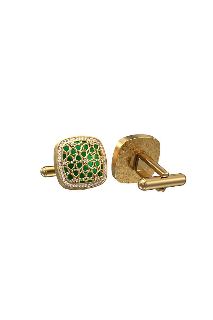Gold Plated Green CZ Diamonds Handcrafted Enameled Cufflinks by AJAH at Pernia's Pop Up Shop