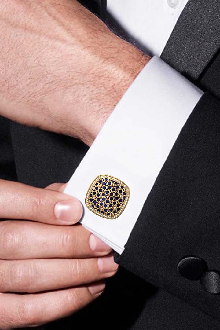 Gold Plated Blue CZ Diamonds Handcrafted Enameled Cufflinks by AJAH