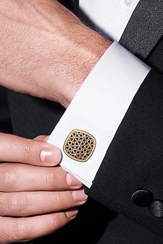 Gold Plated Blue CZ Diamonds Handcrafted Enameled Cufflinks by AJAH