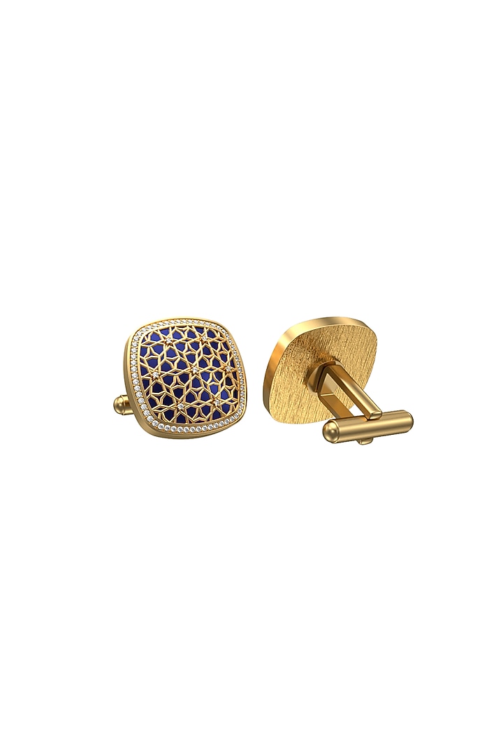 Gold Plated Blue CZ Diamonds Handcrafted Enameled Cufflinks by AJAH at Pernia's Pop Up Shop