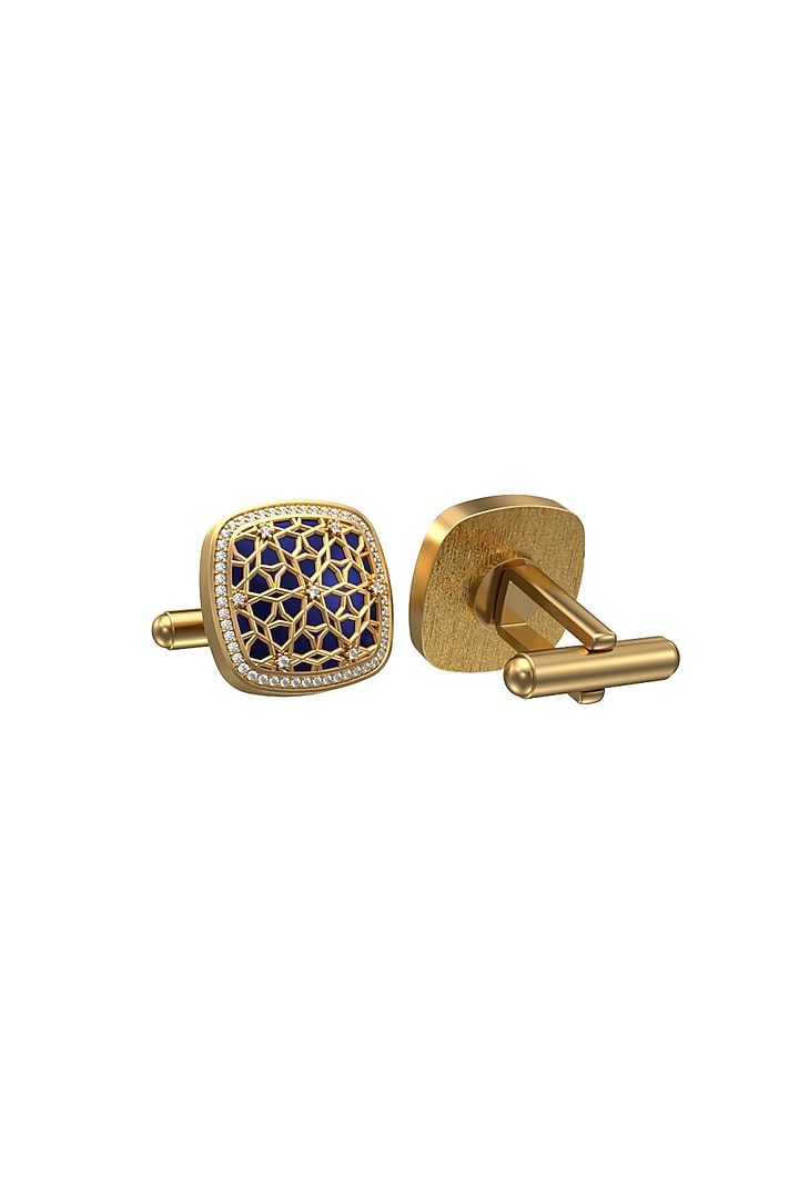 Gold Plated Blue CZ Diamonds Handcrafted Enameled Cufflinks by AJAH at Pernia's Pop Up Shop