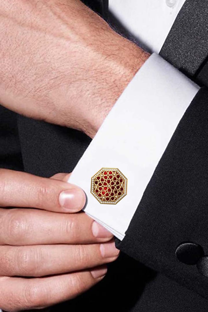 Gold Plated Red CZ Diamonds Handcrafted Enameled Cufflinks by AJAH