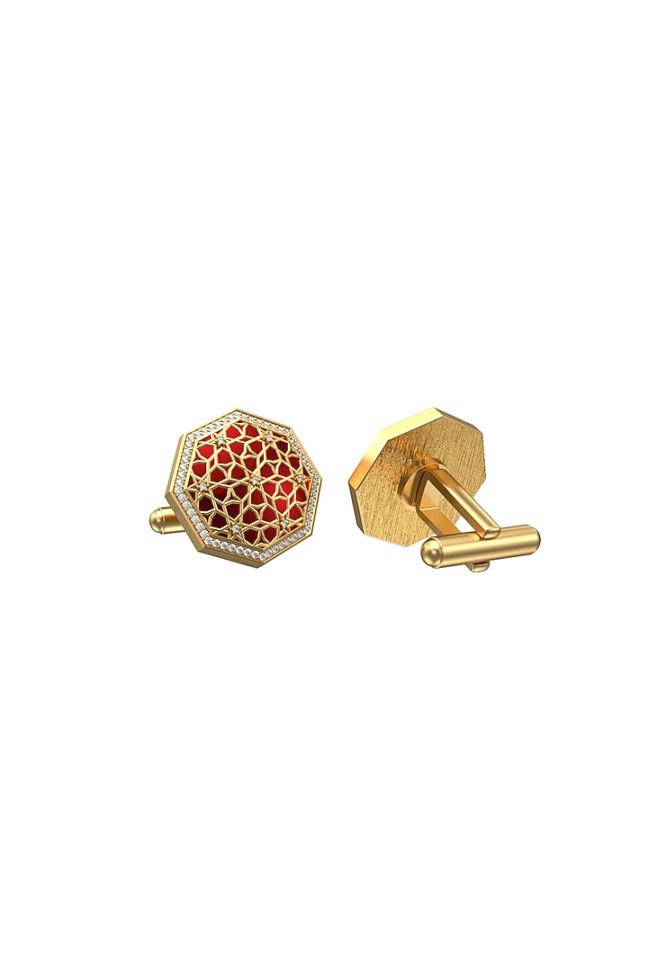 Gold Plated Red CZ Diamonds Handcrafted Enameled Cufflinks by AJAH at Pernia's Pop Up Shop