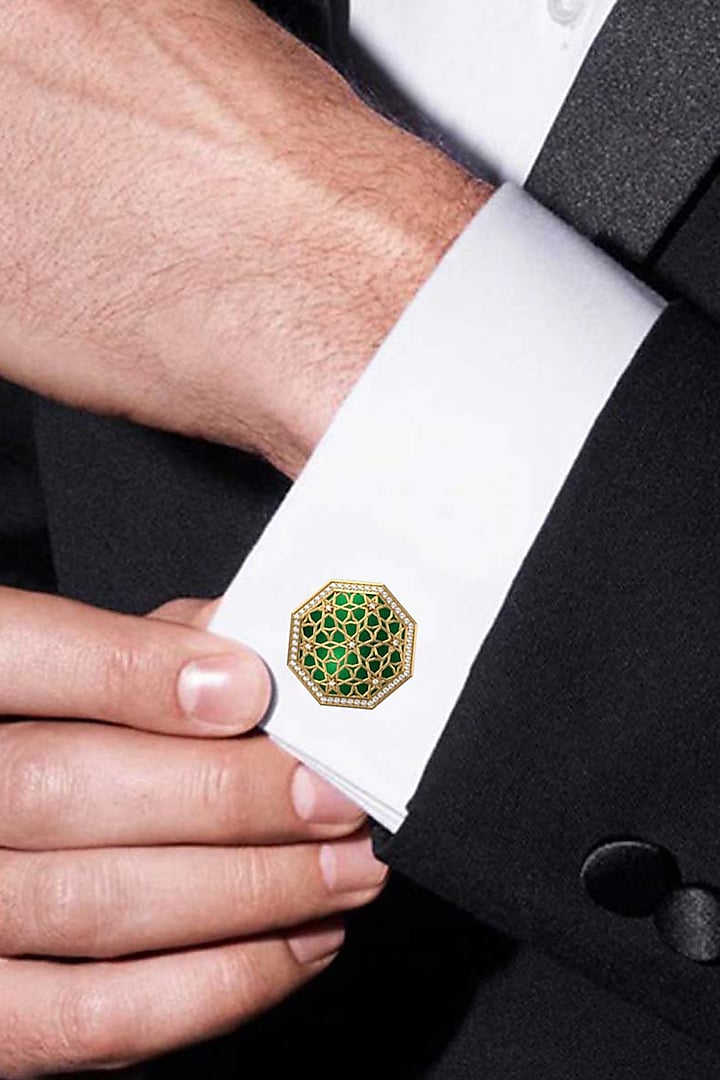 Gold Plated Green CZ Diamonds Handcrafted Enameled Cufflinks by AJAH