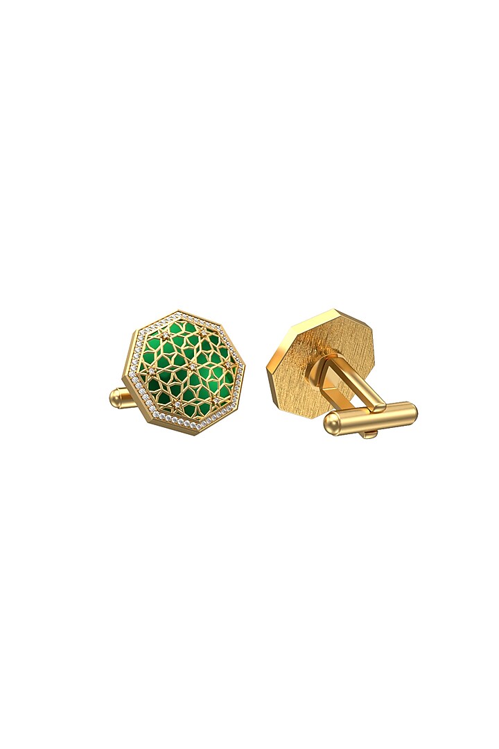 Gold Plated Green CZ Diamonds Handcrafted Enameled Cufflinks by AJAH at Pernia's Pop Up Shop