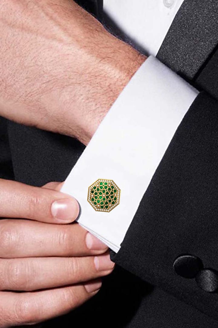 Gold Plated Green CZ Diamonds Handcrafted Enameled Cufflinks by AJAH