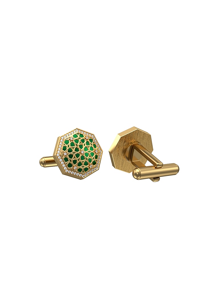 Gold Plated Green CZ Diamonds Handcrafted Enameled Cufflinks by AJAH at Pernia's Pop Up Shop