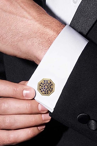 Gold Plated Blue CZ Diamonds Handcrafted Enameled Cufflinks by AJAH