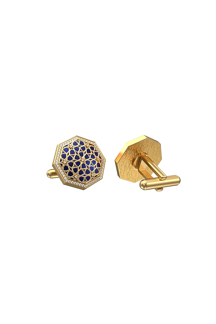Gold Plated Blue CZ Diamonds Handcrafted Enameled Cufflinks by AJAH at Pernia's Pop Up Shop