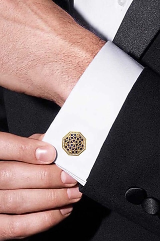 Gold Plated Blue CZ Diamonds Handcrafted Enameled Cufflinks by AJAH