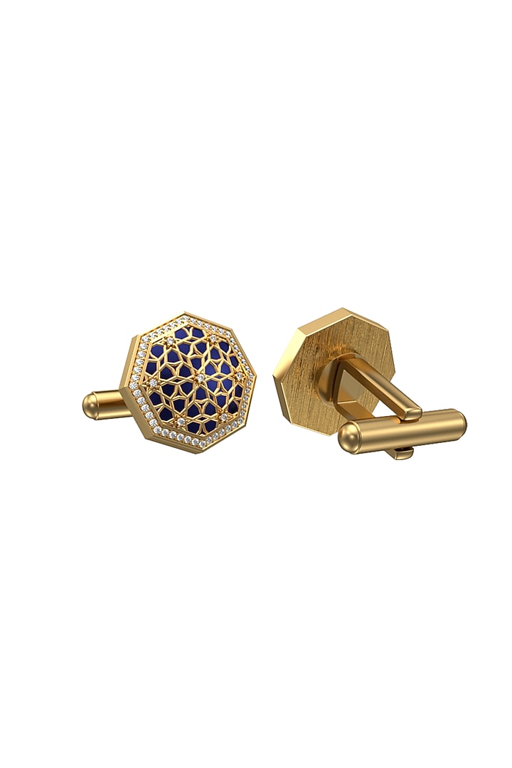 Gold Plated Blue CZ Diamonds Handcrafted Enameled Cufflinks by AJAH at Pernia's Pop Up Shop