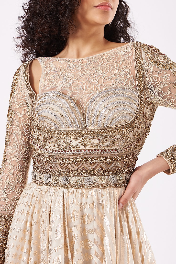 Ivory Embroidered Angrakha Bridal Anarkali Set by Anjalee & Arjun Kapoor at Pernia's Pop Up Shop