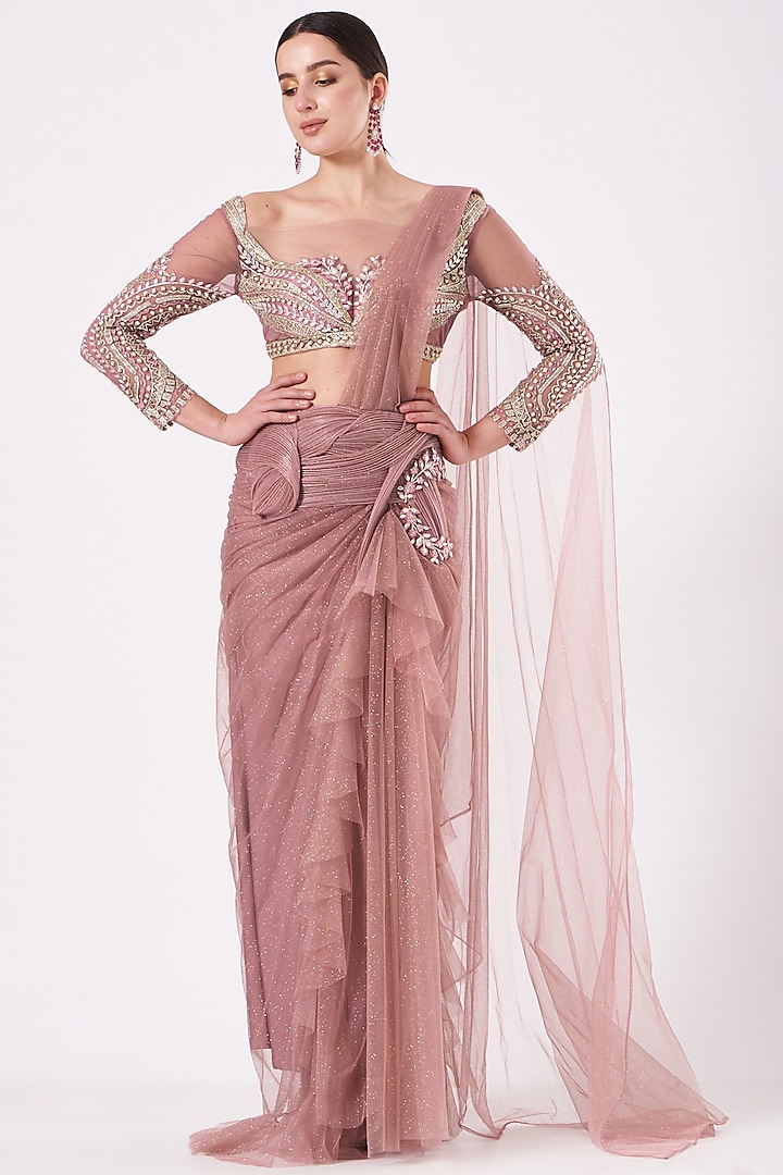 Onion Pink Shimmer Draped Saree Set by Anjalee & Arjun Kapoor