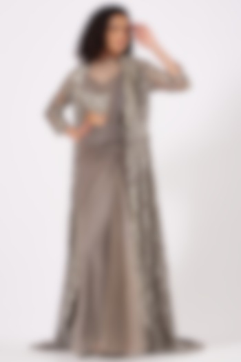 Taupe Grey Shimmer Draped Saree Set by Anjalee & Arjun Kapoor