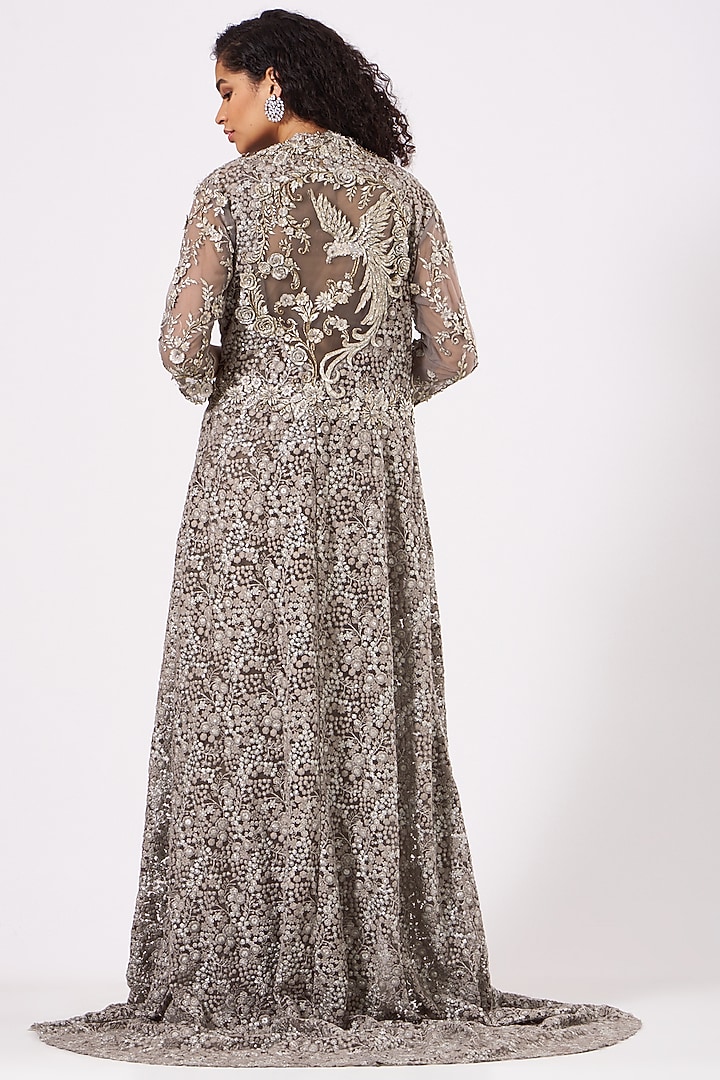 Taupe Grey Shimmer Draped Bridal Saree Set by Anjalee & Arjun Kapoor at Pernia's Pop Up Shop