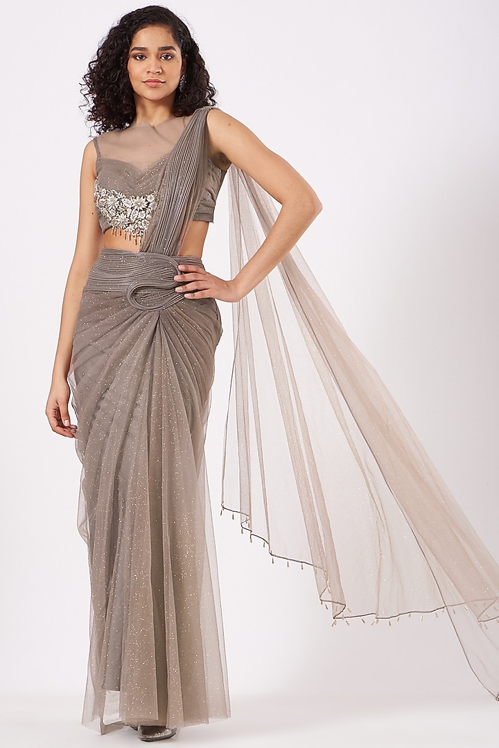 Taupe Grey Shimmer Draped Bridal Saree Set by Anjalee & Arjun Kapoor at Pernia's Pop Up Shop